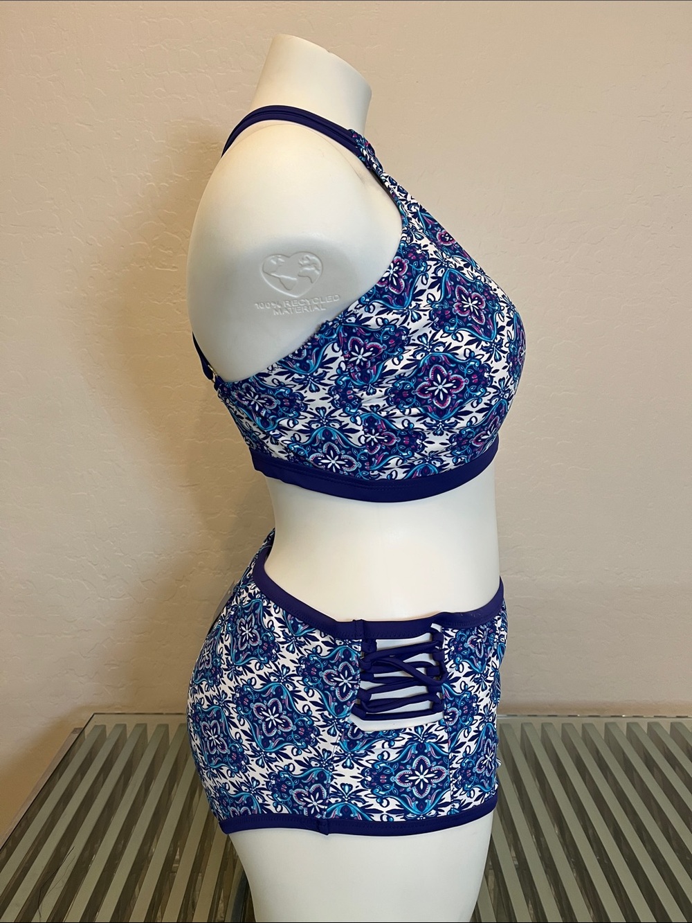 Paramour Blue and Pink Mosaic High-Neck Lace-Up Bikini Set - Picture 2 of 5
